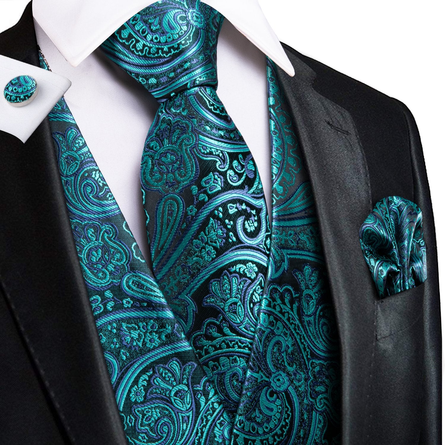 Green Paisley Silk Men's Vest Pocket Square Cufflinks Tie Set