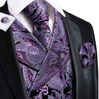 Purple Paisley Silk Men's Vest Pocket Square Cufflinks Tie Set Waistcoat Suit Set