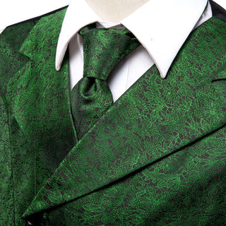 Green Floral Silk Men's Vest Pocket Square Cufflinks Tie Set Waistcoat Suit Set