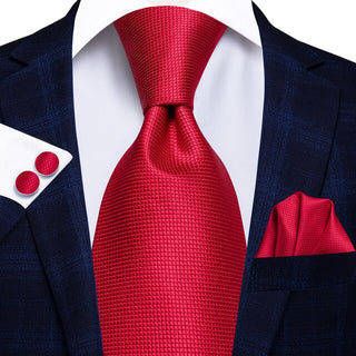 Solid Red Novelty Pattern Silk Necktie Pocket Square Cufflinks Set
