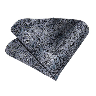 Luxury Grey Paisley Silk Necktie Pocket Square Cufflinks Set