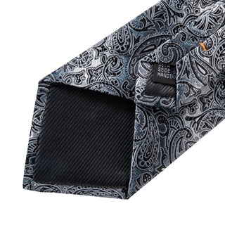 Luxury Grey Paisley Silk Necktie Pocket Square Cufflinks Set