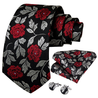 Silver Red Black Floral Silk Necktie Pocket Square Cufflinks Set