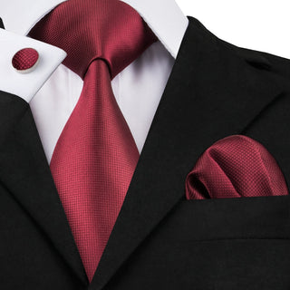Dark Red Solid Silk Necktie Pocket Square Cufflinks Set