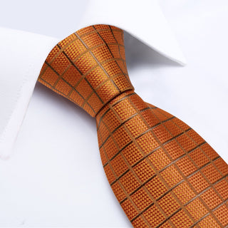 Orange Plaid Silk Necktie Pocket Square Cufflinks Set