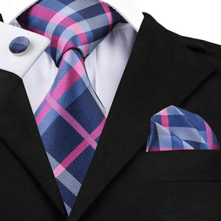 Dark Blue Medium Violet Red Plaid Silk Necktie Pocket Square Cufflinks Set