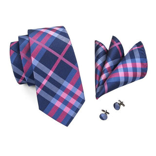 Dark Blue Medium Violet Red Plaid Silk Necktie Pocket Square Cufflinks Set