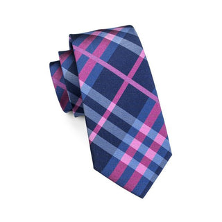 Dark Blue Medium Violet Red Plaid Silk Necktie Pocket Square Cufflinks Set