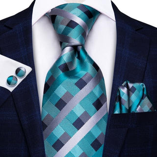 Luxury Blue Grey Plaid Silk Necktie Pocket Square Cufflinks Set
