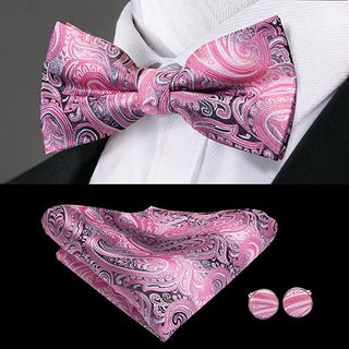 Pink Grey Paisley Pre-tied Bow Tie Pocket Square Cufflinks Set