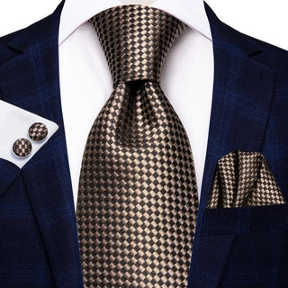 Champagne Brown Plaid Silk Necktie Pocket Square Cufflinks Set