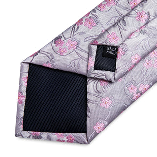 Silver Pink Floral Silk Necktie Pocket Square Cufflinks Set