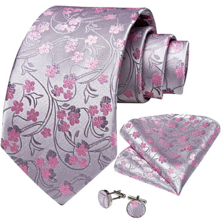 Silver Pink Floral Silk Necktie Pocket Square Cufflinks Set