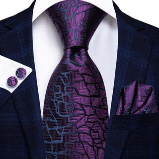 Dark Purple Black Plaid Silk Necktie Pocket Square Cufflinks Set