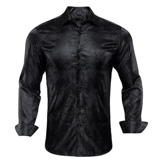 Black Paisley Solid Silk Long Sleeve Shirt