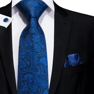 New Blue Paisley Silk Necktie Pocket Square Cufflinks Set