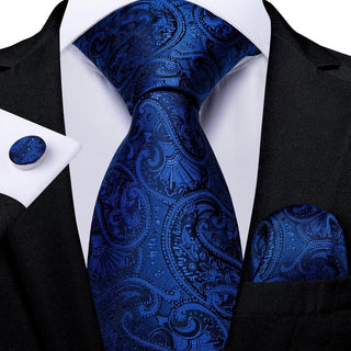 New Blue Paisley Silk Necktie Pocket Square Cufflinks Set