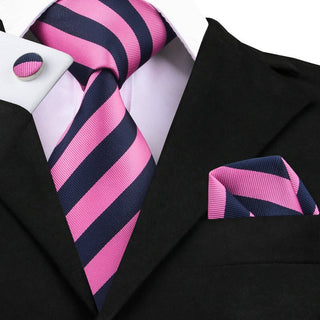 Pink Classic Black Striped Silk Necktie Pocket Square Cufflinks Set