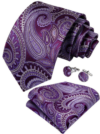 Elegant Purple Paisley Silk Necktie Pocket Square Cufflinks Set