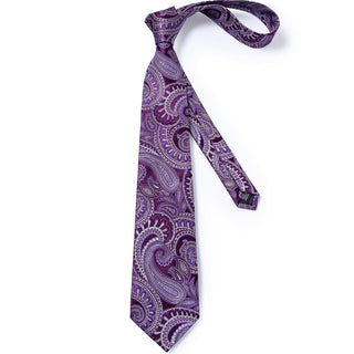 Elegant Purple Paisley Silk Necktie Pocket Square Cufflinks Set