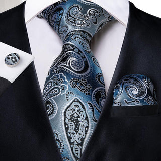 Luxury Blue Paisley Silk Necktie Pocket Square Cufflinks Set