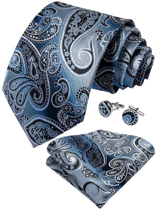 Luxury Blue Paisley Silk Necktie Pocket Square Cufflinks Set