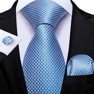 Light Blue Plaid Design Silk Necktie Pocket Square Cufflinks Set
