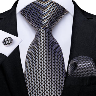 Grey Plaid Silk Necktie Pocket Square Cufflinks Set