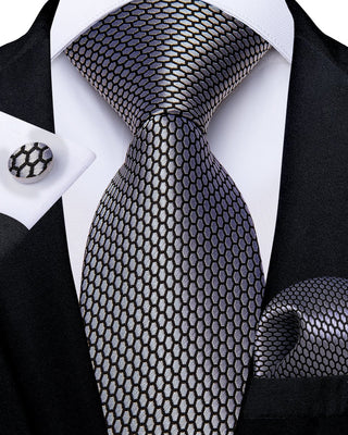 Grey Plaid Silk Necktie Pocket Square Cufflinks Set
