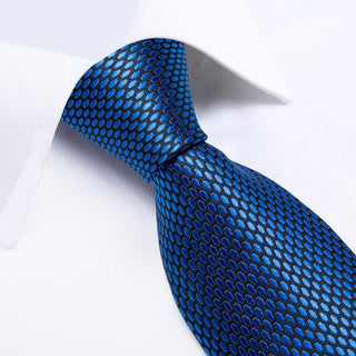 Shining Navy Blue Geometric Silk Necktie Pocket Square Cufflinks Set