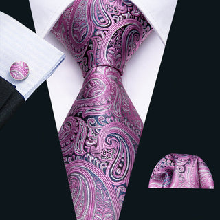 Purple Paisley Floral Silk Necktie Pocket Square Cufflinks Set