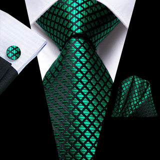 Plaid Green Silk Necktie Pocket Square Cufflinks Set