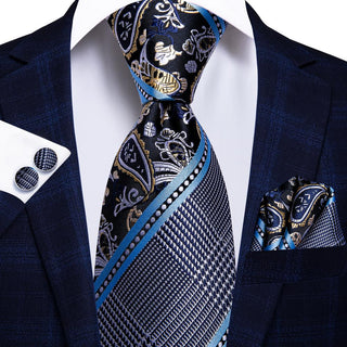 Navy Blue Striped Silk Necktie Pocket Square Cufflinks Set