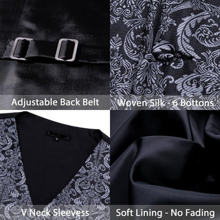 Grey Paisley Silk Men's Vest Pocket Square Cufflinks Tie Set Waistcoat Suit Set