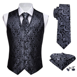 Grey Paisley Silk Men's Vest Pocket Square Cufflinks Tie Set Waistcoat Suit Set
