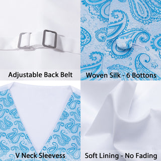 Sky Blue Paisley Jacquard Silk Men's Vest Pocket Square Cufflinks Tie Set Waistcoat Suit Set