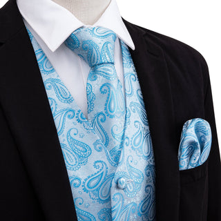 Sky Blue Paisley Jacquard Silk Men's Vest Pocket Square Cufflinks Tie Set Waistcoat Suit Set