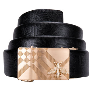 New Golden Bee Design Buckle Luxury Black Leather Belt