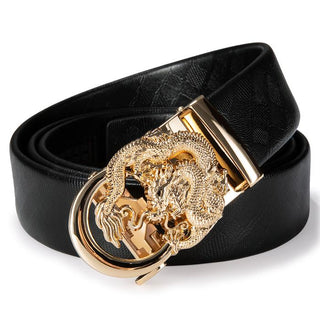 Golden Dragon Design Buckle Black Leather Belt