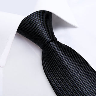 Classic Business Solid Black Silk Necktie Pocket Square Cufflinks Set