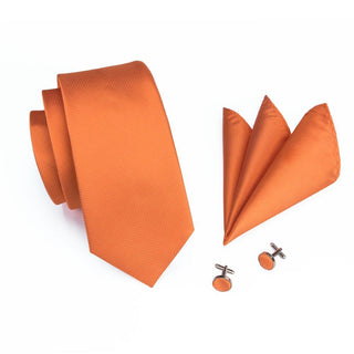 Solid Orange Silk Necktie Pocket Square Cufflinks Set