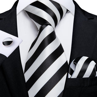 Classic Black White Striped Silk Necktie Pocket Square Cufflinks Set