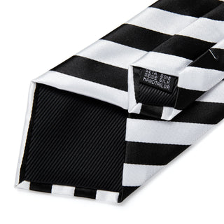 Classic Black White Striped Silk Necktie Pocket Square Cufflinks Set