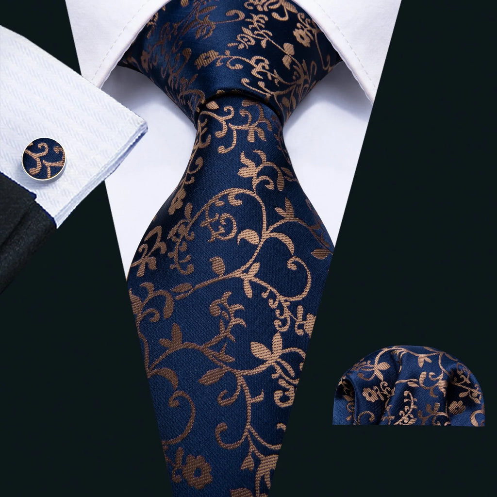 New Blue Golden Floral Silk Necktie Pocket Square Cufflinks Set ...