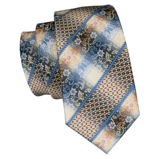 Champagne Gold Blue Novelty Design Silk Necktie Pocket Square Cufflinks Set