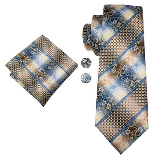 Champagne Gold Blue Novelty Design Silk Necktie Pocket Square Cufflinks Set