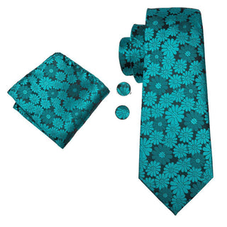 Black Fuchsia Green Floral Silk Necktie Pocket Square Cufflinks Set