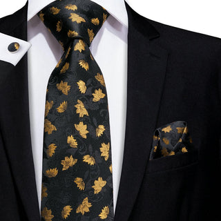 Black Gold Paisley Silk Necktie Pocket Square Cufflinks Set