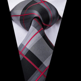 Black Grey Red Plaid Silk Necktie Pocket Square Cufflinks Set