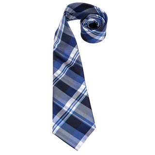 Blue Grey Plaid Silk Necktie Pocket Square Cufflinks Set